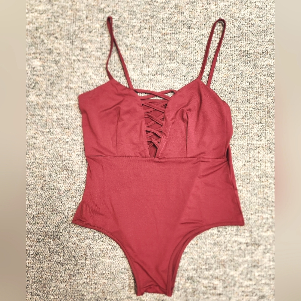 Zara Wine Faux Front Lace-Up One-Piece Bathing Suit S